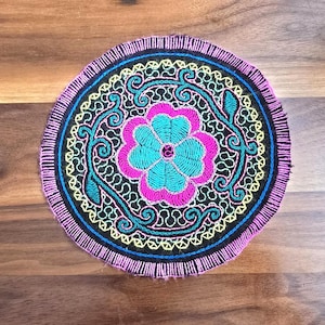 Shipibo Altar Cloth 2.75 in (7 cm) Round Sacred Geometry Embroidered Textile Handmade in Peru Spiritual Ritual Meditation Decor
