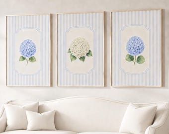 Blue Hydrangea Wall Art Set, Floral Preppy Dorm Decor, Striped Botanical Prints, Coastal Grandmillennial Wall Art, Blue & White Decor
