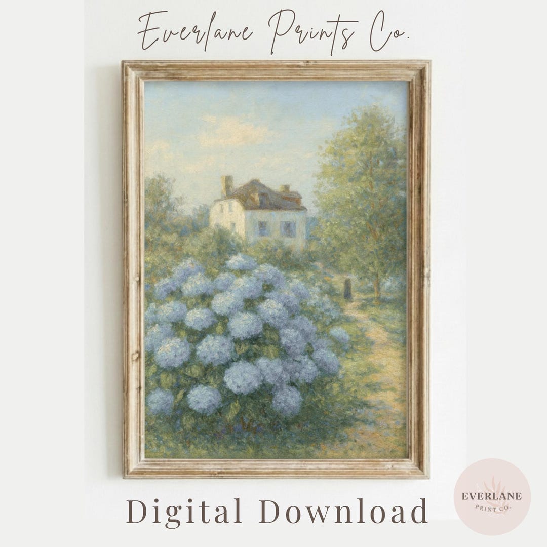 Vintage French Country House With Blue Hydrangeas Printable Wall Art ...