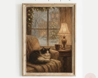 Gemütliche Winter Katze Wand Kunst zum ausdrucken, schlafende Katze durch verschneite Fenster, Vintage Cottagecore Katzen Kunst, Hygge Winter Dekor, digitaler Download