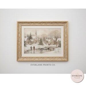 Mysig vintage snöig julby väggkonst, rustik vinterstadstryck, neutral juldekoration, nordisk jul digital nedladdning
