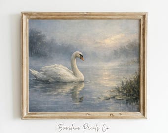 Vintage Swan Wall Art Printable, Misty Lake Landscape Painting, Cottagecore Decor, Moody Print (Digital Download)