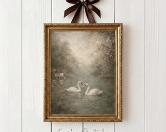 Vintage Swan Wall Art Printable, Romantic Spring Landscape, Cottagecore Decor, Animal Farmhouse Art, Lake Scene Figital Download