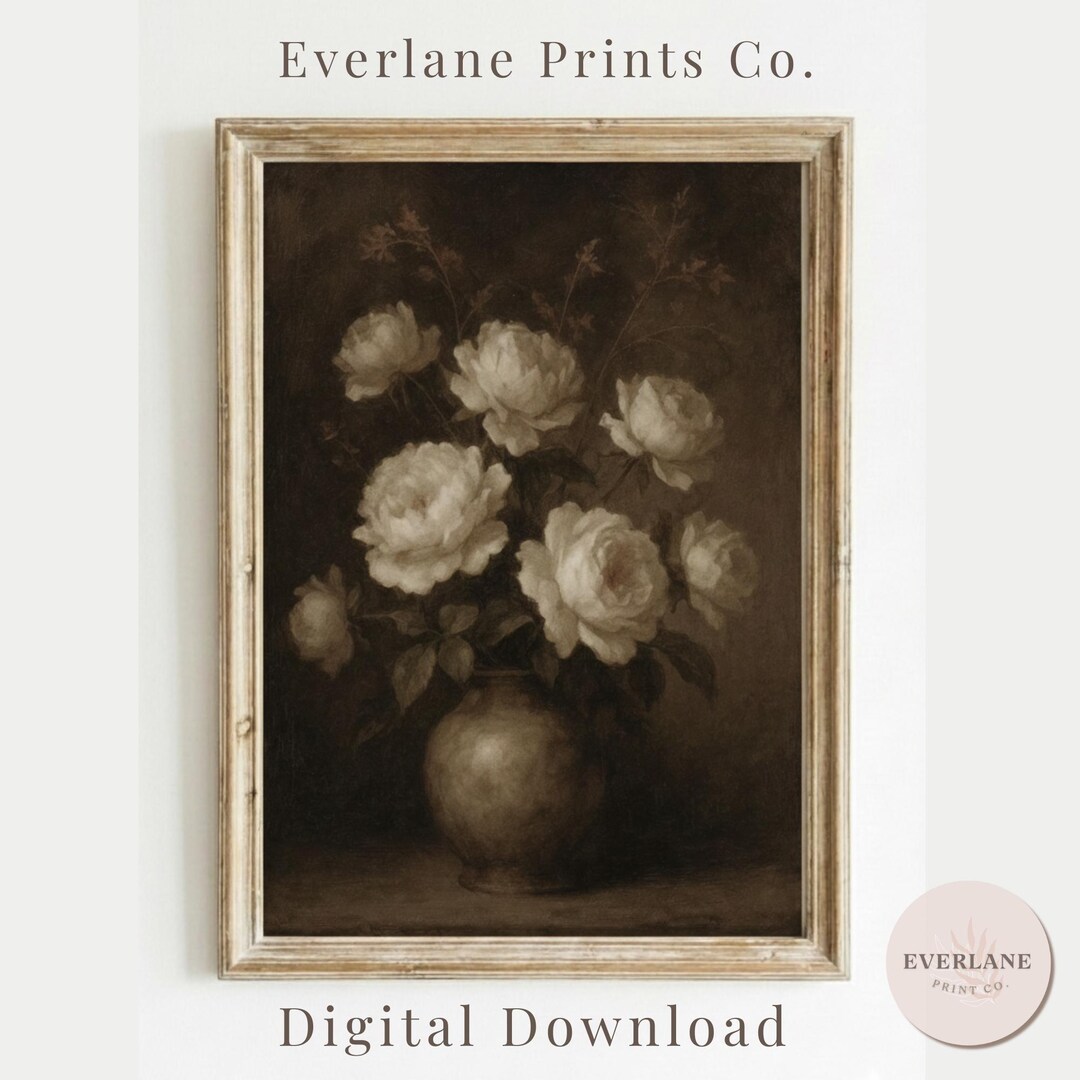 Vintage Floral Still Life Wall Art Printable, Antique White Roses in ...