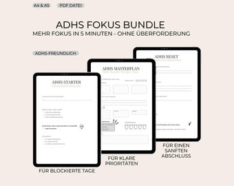 May include: A digital bundle of three black tablets with white text. The tablets display planning templates with the titles "ADHS Starter", "ADHS Masterplan", and "ADHS Reset". The text on the tablets is in German. The background is a light beige color.