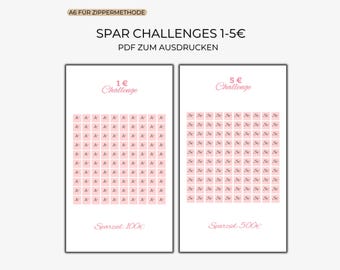 A6 Savings Challenge Bundle | 1-5 Euro Challenges | 100 Boxes | Budget Binder Printable | Zipper Inlay | A4 Template for Cutting Out