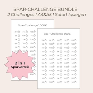 Könnte beinhalten: Zwei druckbare Spar-Challenge-Blätter. Ein Blatt ist für eine 1.000-€-Challenge, das andere für eine 500-€-Challenge. Die Blätter haben ein Raster von Sparschweinen mit zu speichernden Beträgen. Der Text oben lautet "SPAR-CHALLENGE BUNDLE".