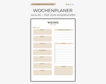 Wekelijkse planner, afdrukbaar PDF-pakket | 4 kleuren | A4 A5 | Digitale weekplanner met prioriteiten, takenlijst en notities | Minimalistische planner