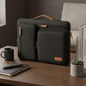 May include: A black laptop bag with multiple compartments and a tan leather handle. The bag has a zippered main compartment and two front pockets with tan leather zipper pulls. A black mug, notebook, and pen are on the table.