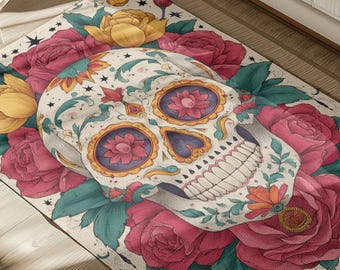 Day of the Dead Sugar Skull Chenille Rug, Gothic Floral Tapestry