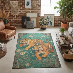 May include: A rectangular teal rug with a floral border and two orange tigers. The tigers are lying down, with their stripes and facial features clearly visible. The rug is placed in a living room setting.