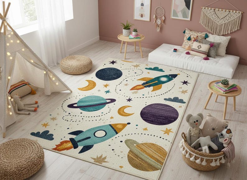 Space Rocket Kids Rug – Galaxy Planets Play Mat With Anti-slip Backing ...