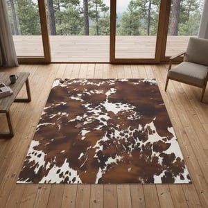 May include: A rectangular cowhide rug with a brown and white pattern. The rug is placed on a wooden floor in a room with a wooden table, chair, and large windows overlooking a forest.