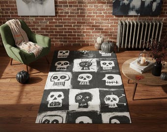 Halloween Skulls Rug Black and White Spooky Skull Pattern