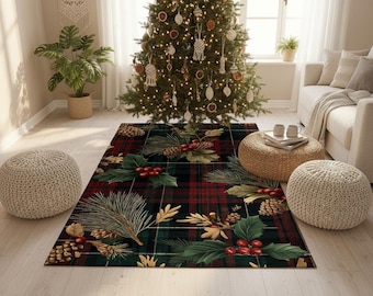 May include: A rectangular area rug with a plaid pattern in red, green, and black. The rug is decorated with illustrations of pine needles, holly leaves, red berries, and pine cones. The rug is placed in a living room setting.
