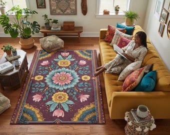 Boho Floral Mandala Area Rug: Chenille Decorative Carpet