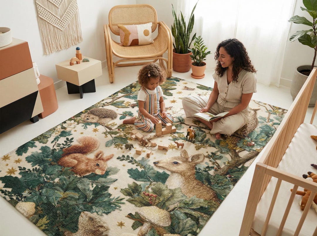 Woodland Nursery Rug – Forest Animals Design, Neutral Kids Room Area ...