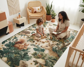 Woodland Nursery Rug – Forest Animals Design, Neutral Kids Room Area Rug with Anti-Slip Backing