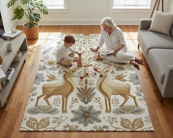 Golden Reindeer Christmas Rug Elegant Holiday Deer & Tree Design