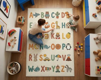 May include: A beige alphabet rug with colorful illustrations of animals and objects, including a plane, bear, and giraffe. A person and a child are interacting with the rug. The rug is rectangular and has a playful design.
