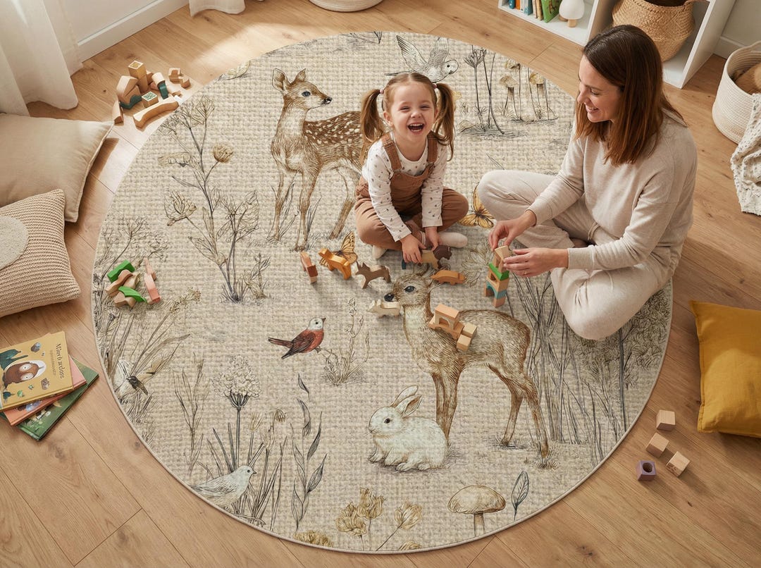 Woodland Animal Round Rug, Fawn and Rabbit Nursery Decor - Etsy