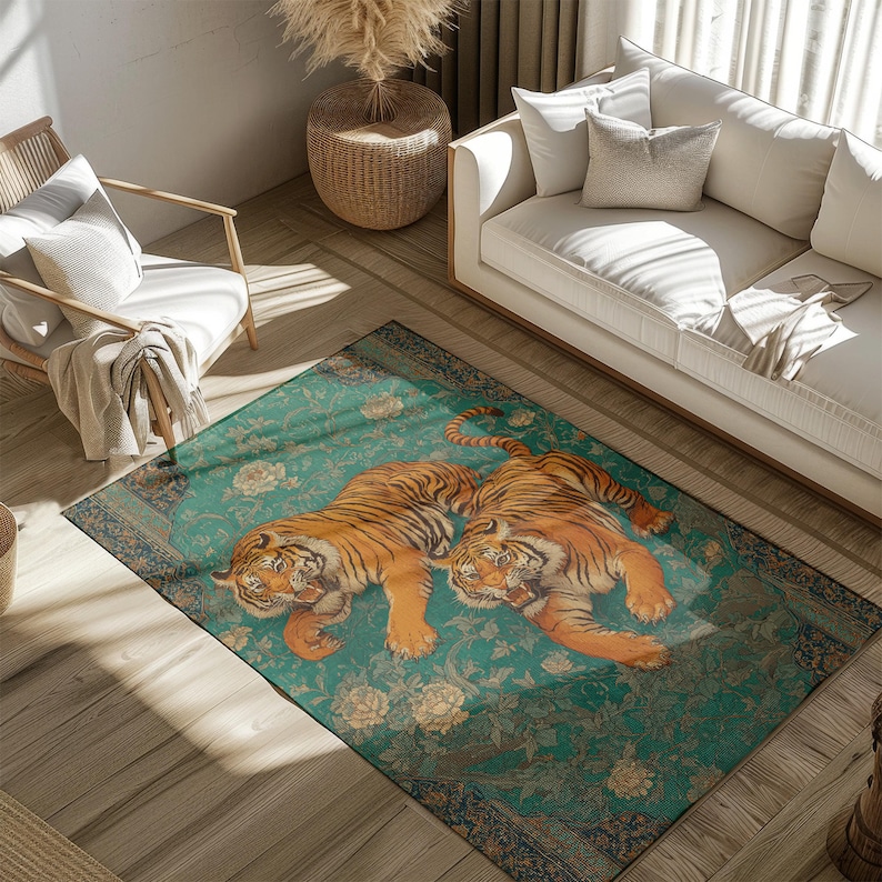 Vintage Tiger Rug for Living Room: Oriental Animal Art Rug With Floral ...