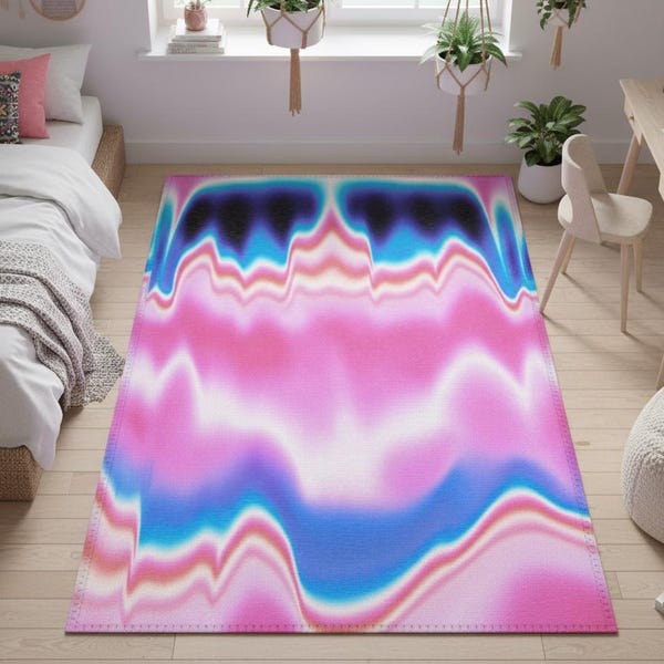 Retro Neon Wave Rug: Y2K Abstract Gradient Carpet for Teen Room, Dorm Decor