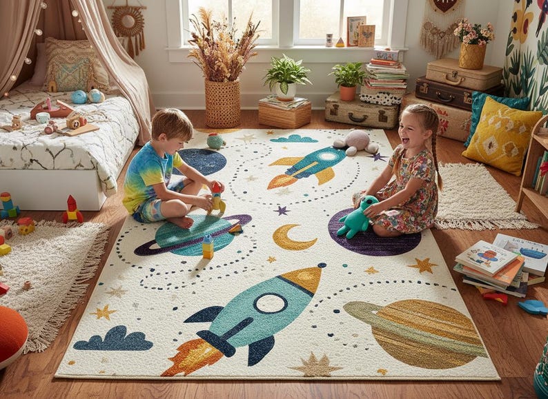 Space Rocket Kids Rug – Galaxy Planets Play Mat With Anti-slip Backing ...