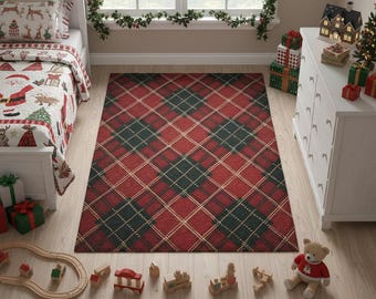 Christmas Plaid Rug Red Green Holiday Tartan Carpet Cozy Cabin Christmas Decor