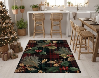 Plaid Christmas Rug with Pinecones & Holly Traditional Holiday Cabin Style