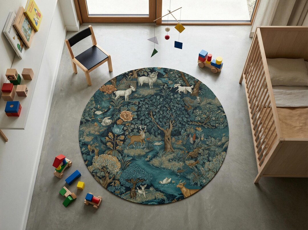 Rodent Rugs Woodland Nursery Round Rug | Forest Animals, Anti-slip Chenille Carpet ...
