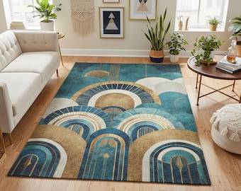 Art Deco Chenille Area Rug: Geometric Gold, Teal & Navy