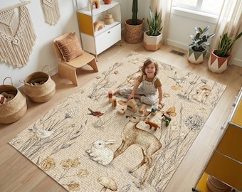 Woodland Nursery Rug – Deer & Forest Animals, Anti-Slip Kids Room Rug