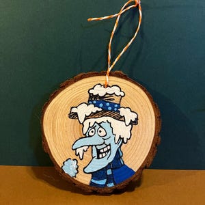 hand painted heat miser cold miser Christmas ornament wood slice