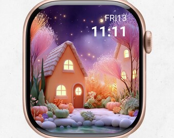 Fondo de pantalla de cabaña de calabaza acogedora para Apple Watch / Descarga digital de fantasía otoñal