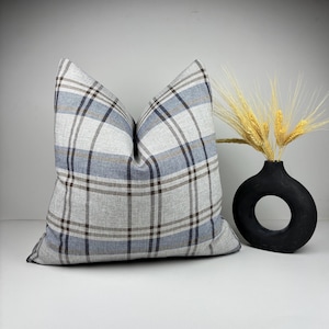 Beige and Navy Plaid Linen Cushion Cover, Modern Farmhouse Pillow