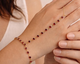 Dainty Hand Chain, Red Stone Slave Bracelet, Minimal Finger Bracelet, Gold Plated Silver Jewelry