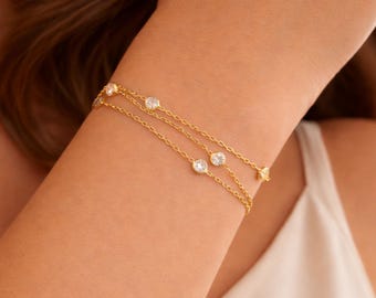 Layered CZ Chain Bracelet, Dainty Gold Silver, Stacking Jewelry, Gift For Her