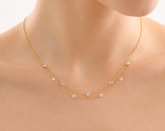 Dubbellaagse ketting met zirkonia, fijne gouden schakelketting, 925 sterling zilver, cadeau voor haar