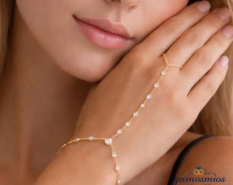 Dainty Hand Chain, CZ Station Slave Bracelet, Minimal Finger Bracelet, Gold Plated Silver Jewelry