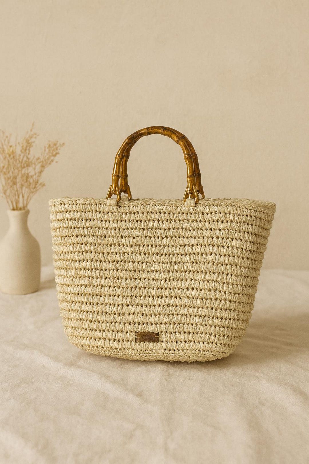Handmade Raffia Straw Tote Bag With Bamboo Handles | Summer Beach Bag ...