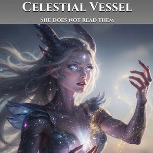 Puede incluir: Una ilustración digital titulada CELESTIAL VESSEL SHE DOES NOT READ THEM que muestra una figura de piel pálida con cuernos, cabello largo blanco y ojos azules brillantes, vistiendo un atuendo oscuro con estrellas y luz dorada.