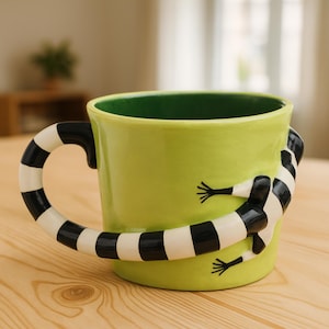 Handmade ceramic mug in shades of green with a lizard and a striped handle, expressive and fun, 400 ml - 14 oz -