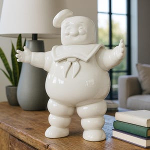 Puede incluir: Una figura de cerámica blanca de un personaje sonriente y rollizo con los brazos extendidos. La figura lleva un cuello de marinero, un gorro de chef y tiene una expresión alegre. La figura está sobre una superficie de madera, con una lámpara y libros en el fondo.