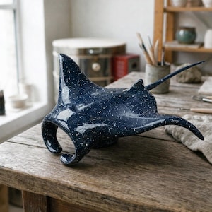 Könnte beinhalten: Eine Keramikskulptur eines Mantarochens mit glänzend dunkelblauer Oberfläche und weißen Sprenkeln. Die Figur zeigt breite, geschwungene Brustflossen, eine spitze Schnauze und einen langen, schlanken Schwanz, der vom Körper absteht.