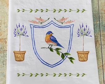 Topiary / bird towel / kitchen flour sack / lavender / grandmillennial towel / shabby chic / chinoiserie towel