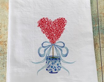 Chinoiserie Red Heart Topiary / Valentine towel / kitchen flour sack / Valentine tree of heart / Valentine hearts