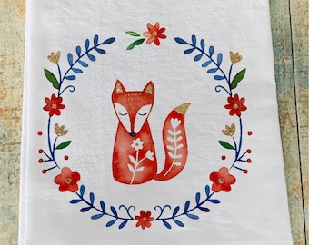 Fox towel/ fox folk towel / Holiday towel / kitchen flour sack towel / Christmas Folk Art