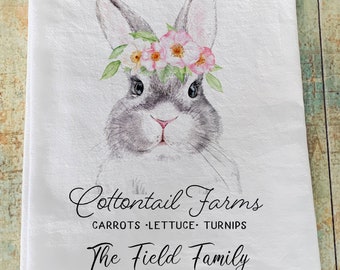 Personalized Easter towel / Rabbit towel / Bunny towel / Cottontail / kitchen flour sack / Bow tie bunny / floral bunny