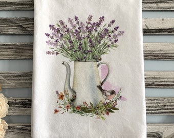 Lavender towel / kitchen flour sack / floral towel / watering pitcher / farmhouse towel / Fresh Flowers / lavender bird towel